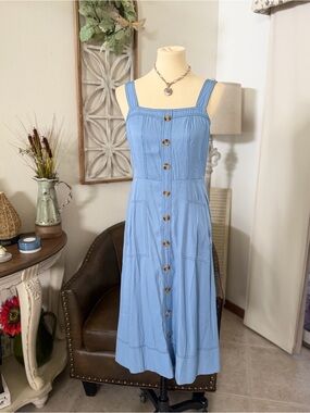 Source Unknown Light Blue Button-Front Midi Sundress
